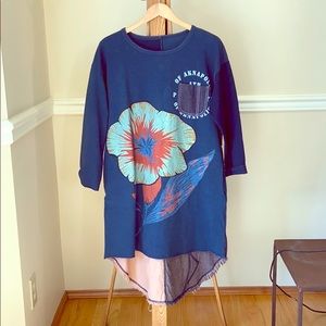 Mixed materials tunic, high-low hem tunic